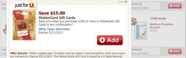 $15 off Mastercard gift cards at Safeway