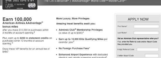 Citi Executive AAdvantage World Mastercard 100000 mile offer