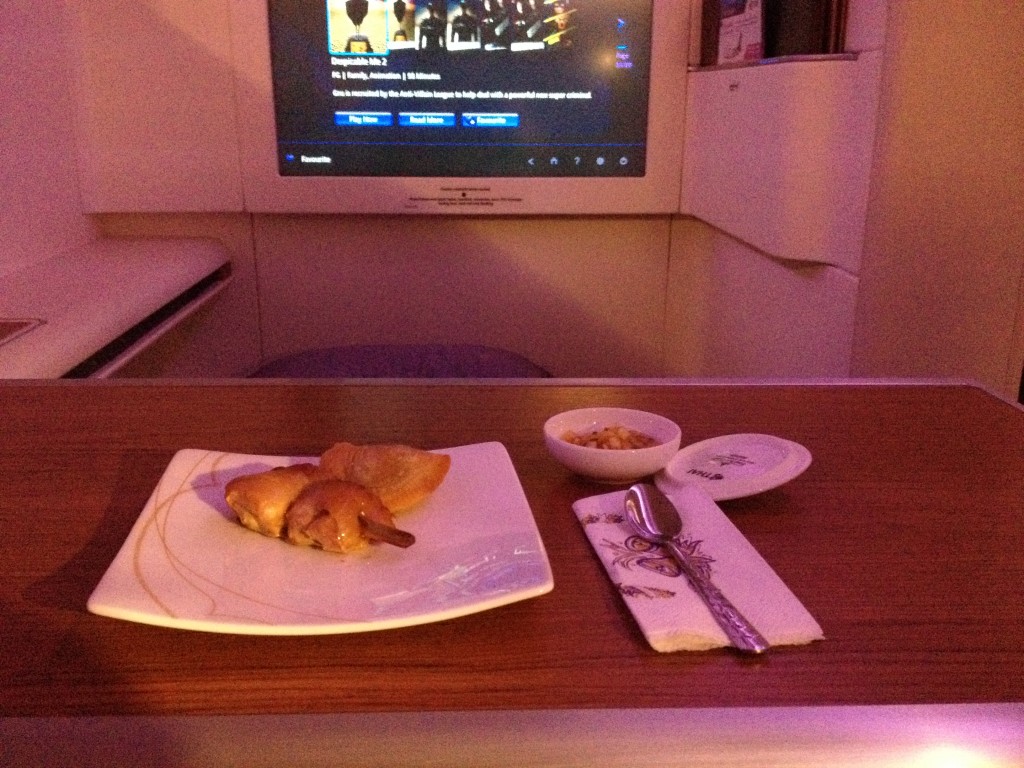 Thai Airways First Class Meal: Chicken Yakitori and Curry Puffs