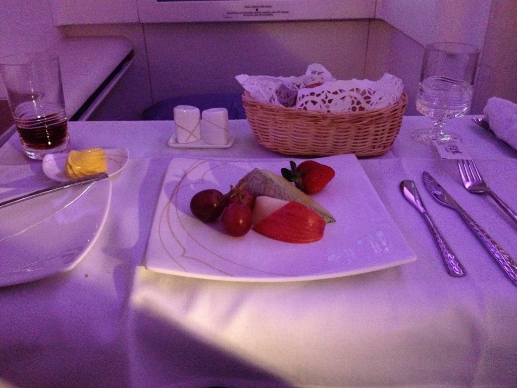 Thai Airways A380 First Class Meal Fruit Plate and Bread Basket