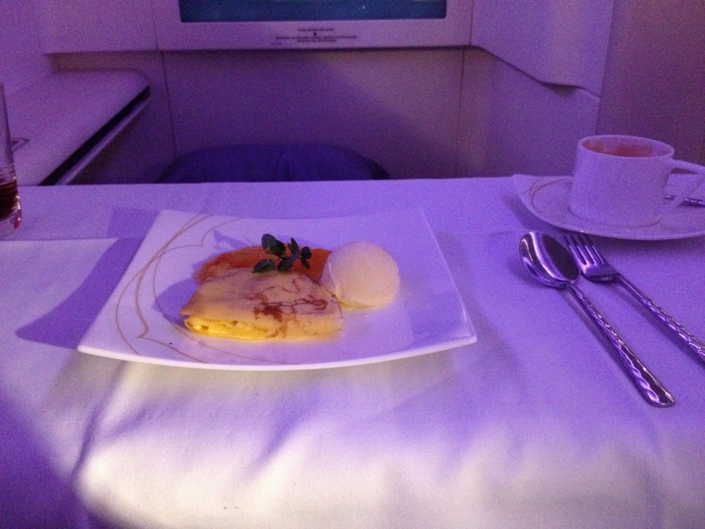 Thai Airways First Class A380 Dessert Crepes Suzette with Vanilla Ice Cream and Orange Sauce