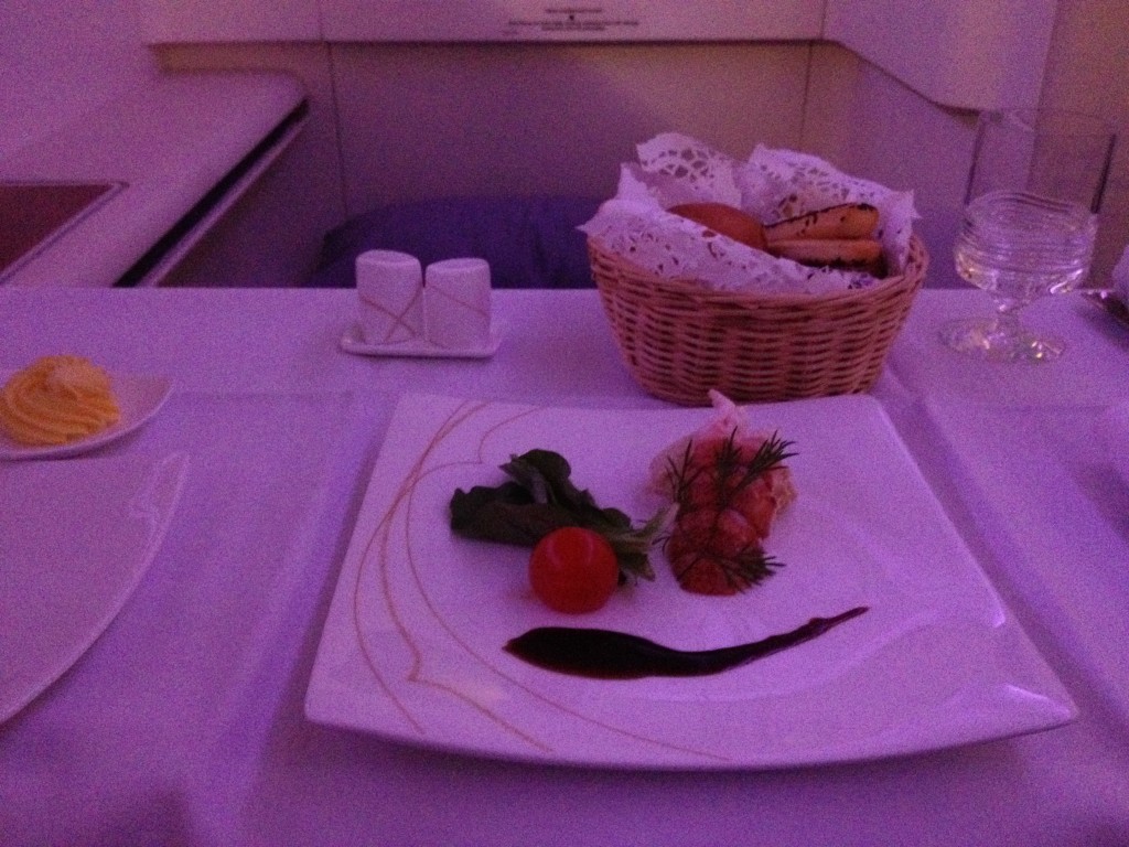 Thai Airways First Class Meal A380 duck liver mousse, lobster tail, mesclun and balsamic sauce