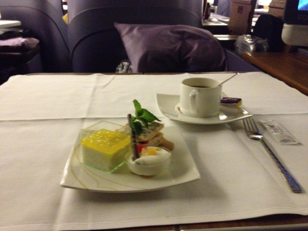 Thai Airways Royal First Class Dessert: Strawberry mille-feuille, noughat glace with chocolate stick and praline sauce, rice pudding with coconut cream and mango pearl