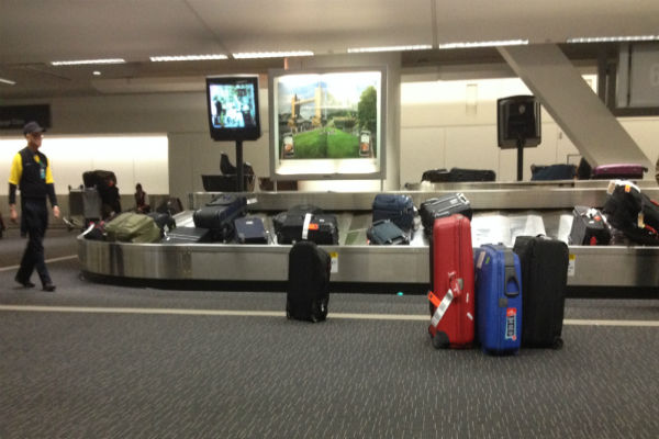 Bags piling up on the carousel at SFO