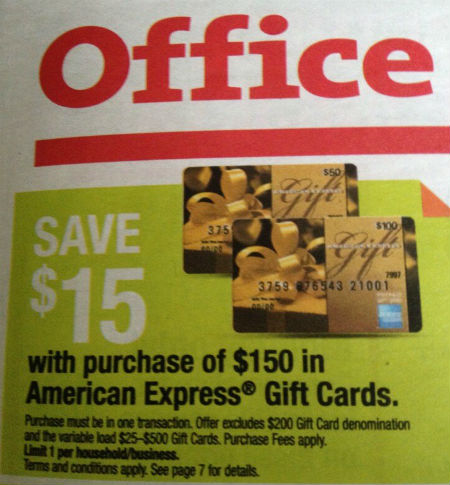 $15 off $150 American Express gift cards at Office Max