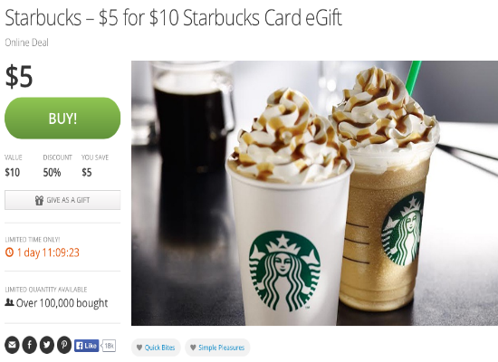 Groupon $10 Starbucks gift card for $5
