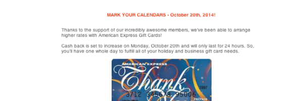 Big Crumbs increasing cash back on Amex gift cards