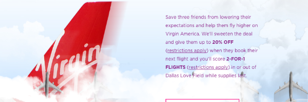Virgin America’s 2-for-1 Dallas fare promotion