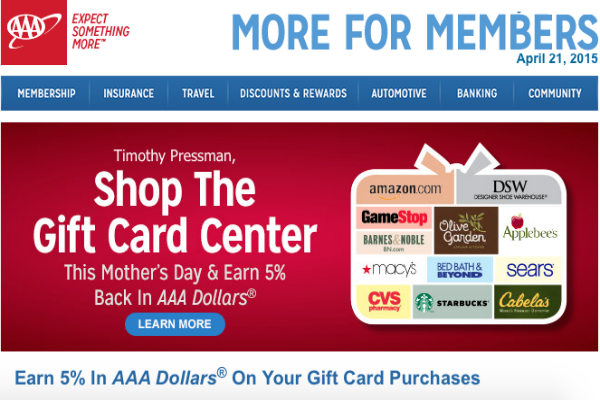 Earn 5% AAA Dollars on gift card purchases