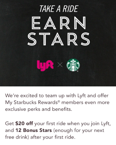 Targeted: $20 Lyft credit + 12 Gold Stars from Starbucks