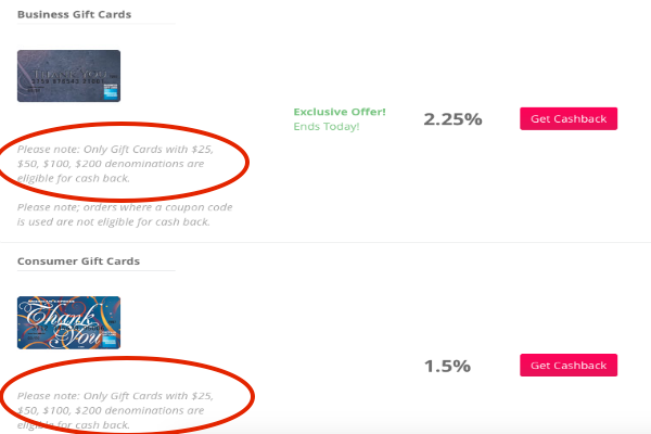 TopCashBack is limiting cash back to Amex gift cards in denominations of $200 or less