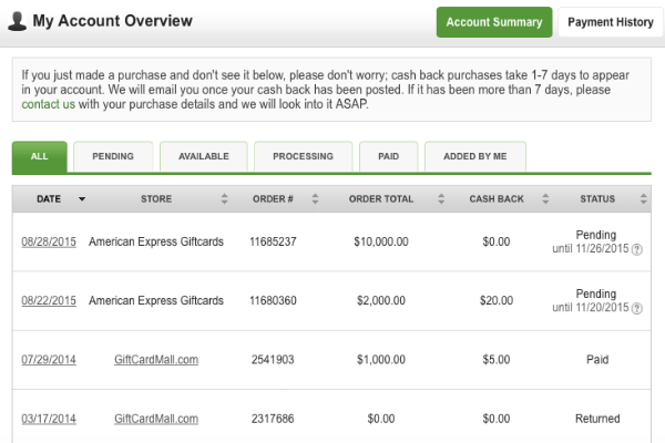 Issues getting cash back on American Express gift cards through Extrabux