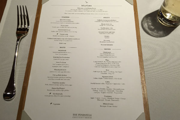 The restaurant menu at Cathay Pacific The Pier First Class Lounge