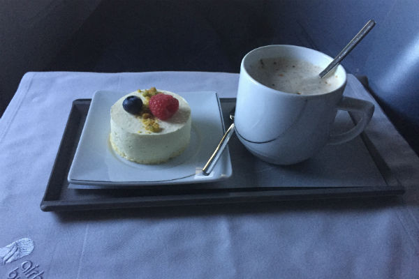 AirBerlin Business Class Dessert Fruit Mousse Cake and Latte A330 San Francisco to Dusseldorf
