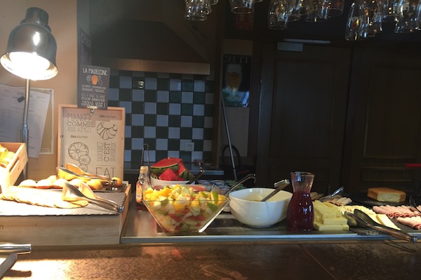Ibis Calais Hotel Breakfast Buffett - crepes, fruit, yogurt, meat, and cheese
