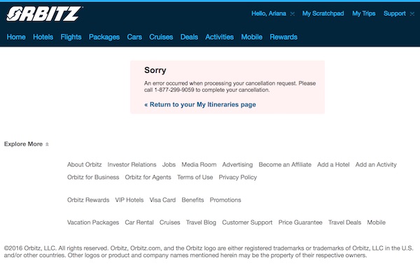 Orbitz online cancellation error