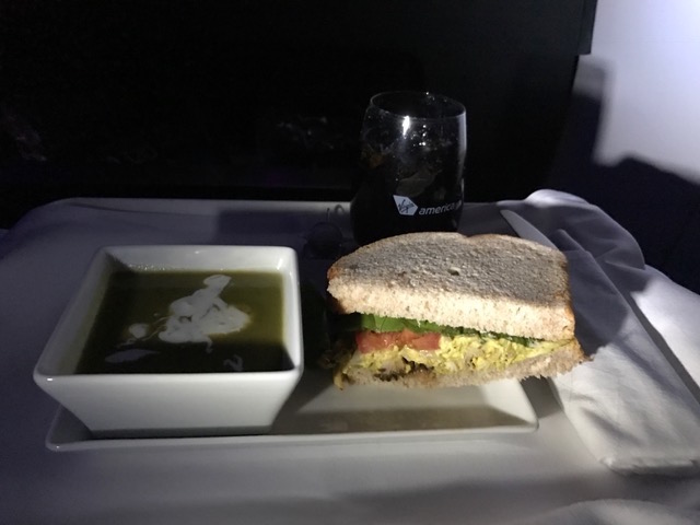 Virgin America First Class Meal: Half chicken salad sandwich and kale soup served on flight from SFO to JFK