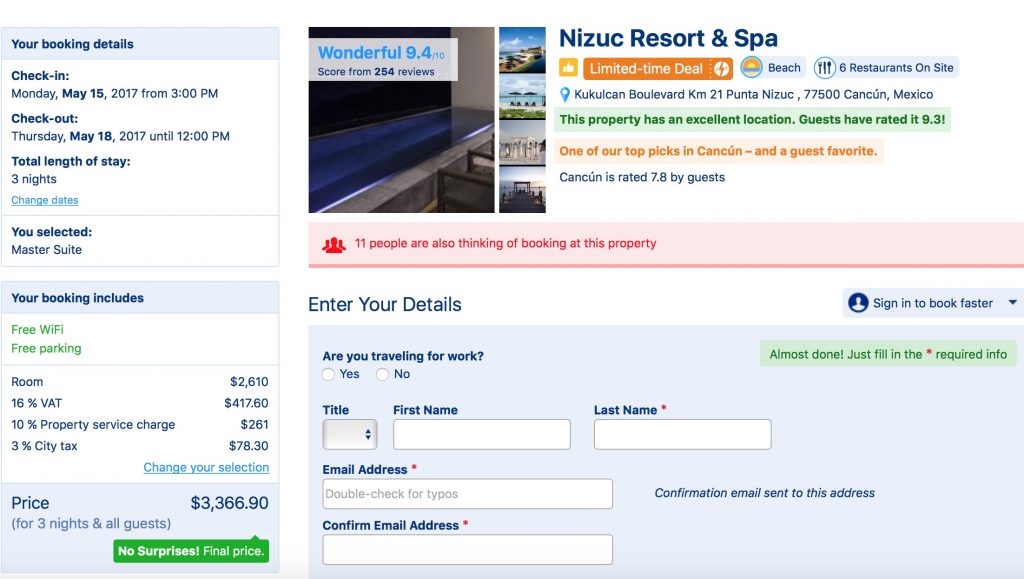 Booking.com rate for a Master Suite at Nizuc Cancun