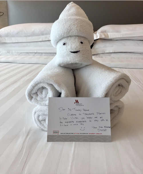 Marriott Yogyakarta welcome note and towel animal