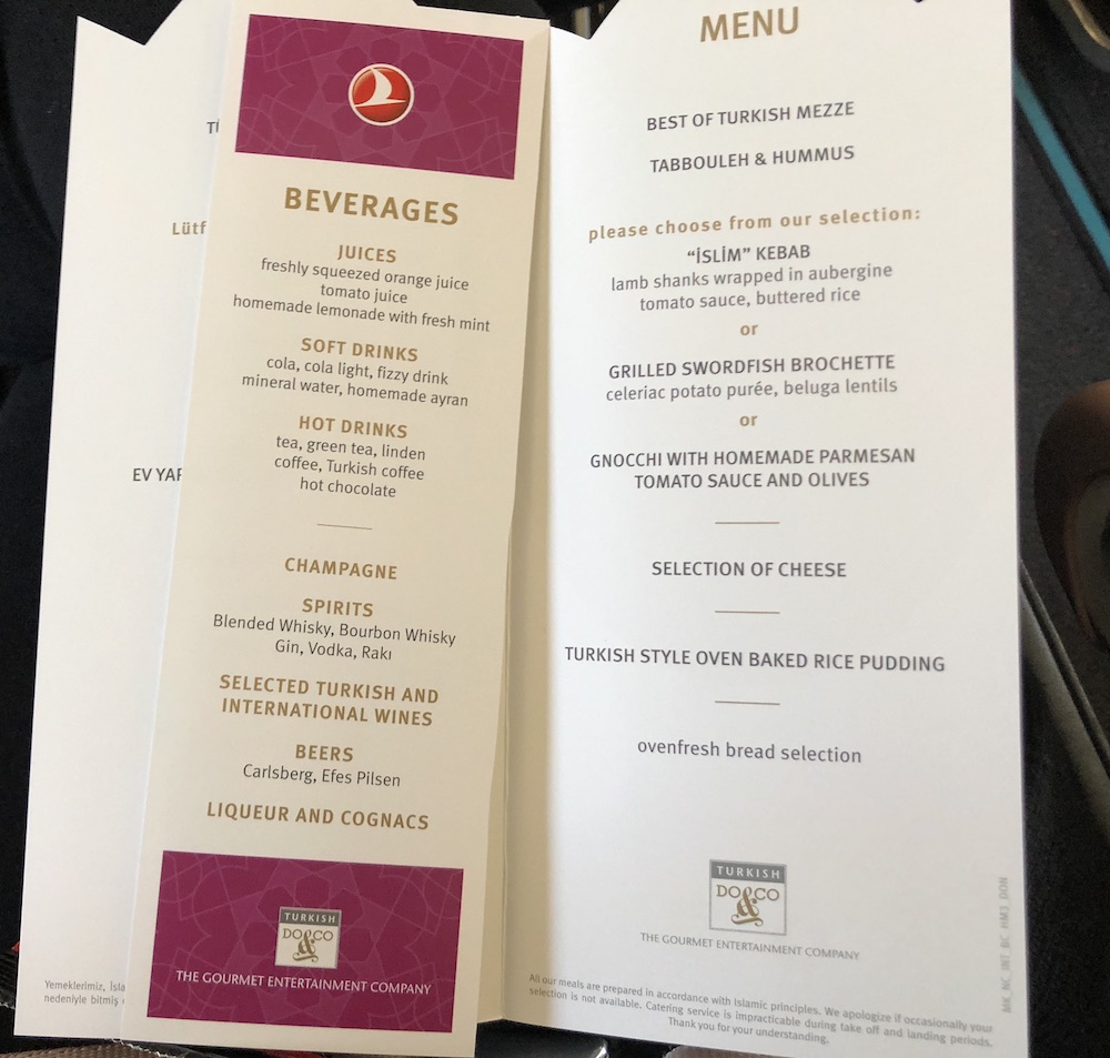 Turkish Airlines Business Class Review menu Vienna to Istanbul