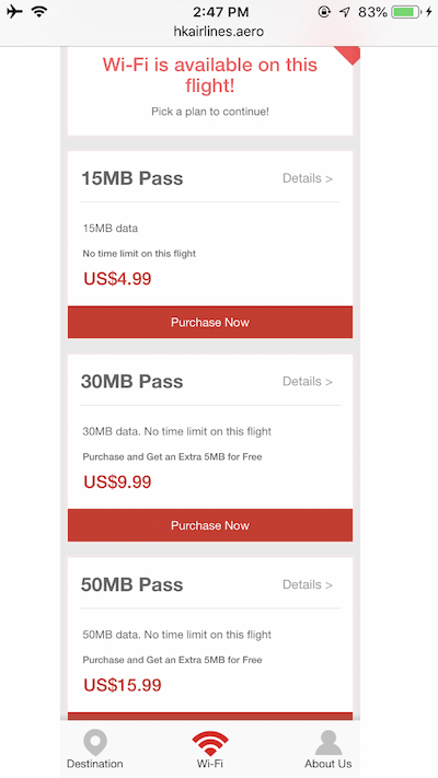 Hong Kong Airlines wifi prices and speeds