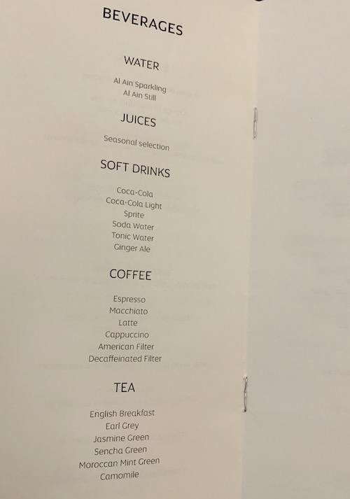 Beverage menu Etihad business class AUH-MLE