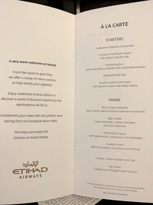 Etihad business class menu Abu Dhabi to Male