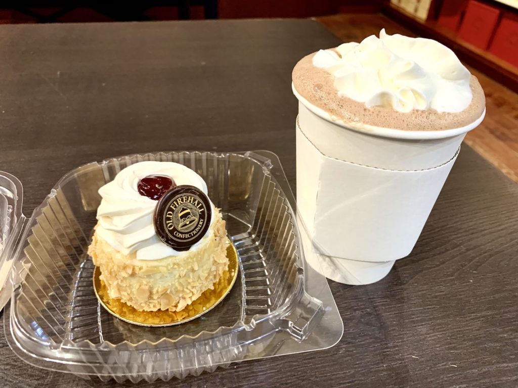 Raspberry cheesecake and hot chocolate at the Old Firehall Confectionery