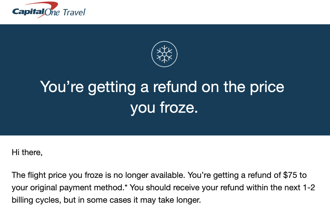 Capital One Price Freeze refund email